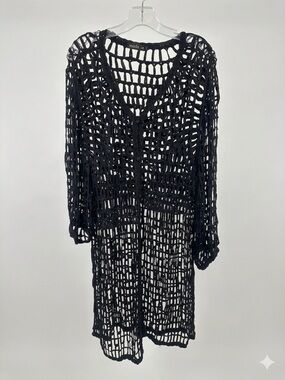 Mode Lia Black Soutache Ribbon Open Knit Longline Duster Cardigan XXXL EUC